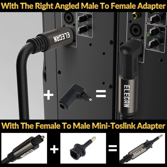 Elecan Optical Audio Cable 75 Ft Digital Audio Toslink Cable Cord-Fiber Optic-Gold Plated-Flexiable&Durable-for Home Theater,Sound Bar,PS4&Xbox-with 4 Right Angled and Mini Toslink Adapters+Ties