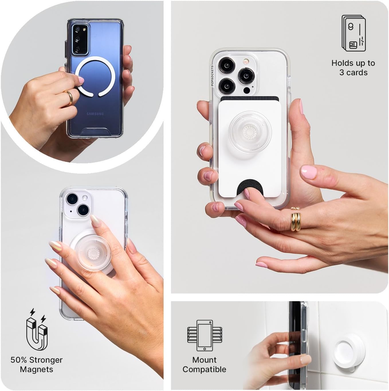 PopSockets Suck-Up™ Suction Grip & Stand, 3-in-1 MagSafe Phone Mount for iPhone, Strong Hold on Mirrors & Glass, Swappable Top, Portable & Reusable - Translucent Black