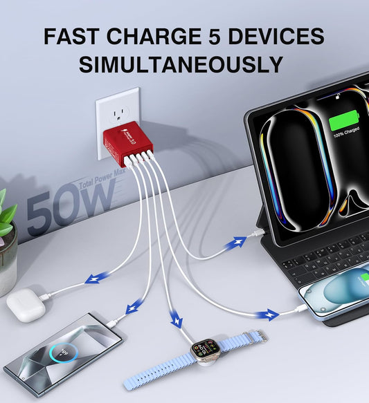 2Pack USB C Fast Charger Block, 50W 5-Port Type C Wall Charger Brick, Multiport Charging Plug Power Adapter Brick Cube for iPhone 16/15/14/13/12, Pad Mini/Pro, Galaxy S23 S22