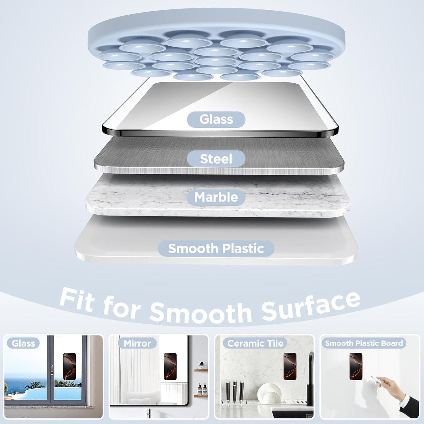 Magnetic Suction Cup Phone Mount for MagSafe Case, Silicone Hands-Free Grip Holder for iPhone and Android, Mirror Shower Phone Stand for Makeup FaceTime Gym Kitchen Bathroom, Baby Blue