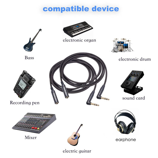 HUAELU 2Pack 3.3FT Right Angle 6.35mm TRS Stereo Male to Female Audio Cable,Right Angle 1/4 TRS Male to Female Stereo Headphone Guitar Extension Cable Cord for Amplifiers,Headphone