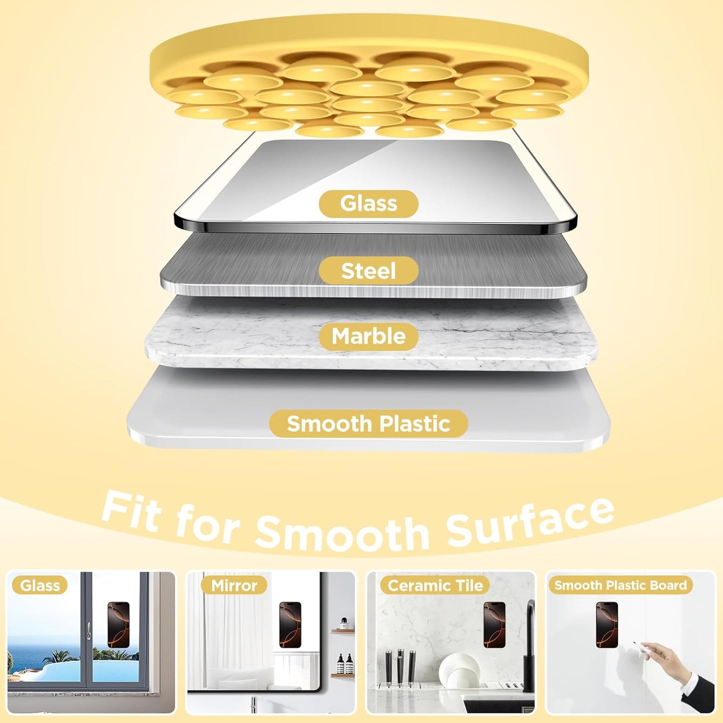 Magnetic Suction Cup Phone Mount for MagSafe Case, Silicone Hands-Free Grip Holder for iPhone and Android, Mirror Shower Phone Stand for Makeup FaceTime Gym Kitchen Bathroom, Yellow