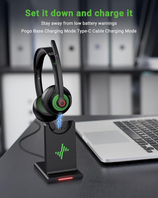 Wireless Headset with AI Noise Cancelling Microphone Bluetooth Headset - Bluetooth V5.2 Headphones with USB Dongle, Charging Base & Mic Mute for Computer/Laptop/PC/iPhone/Android/Cell Phones-Green