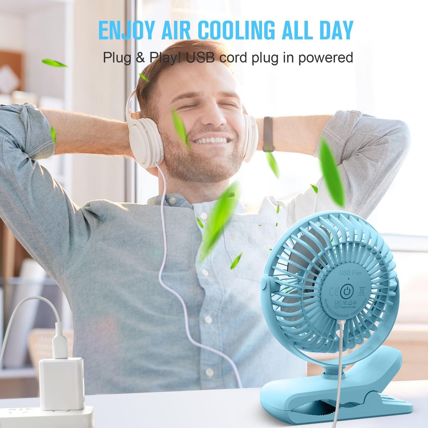 BESKAR Clip on Fan, Portable Small Desk Fans with Strong Airflow, 3 Speeds with Personal Fans Sturdy Clamp, Quiet Desk Fan & Clip Fan with USB Cord Powered - No Battery