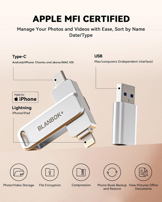 MFi Certified 256GB Flash Drive for iPhone Photo Stick, USB Thumb Drive Memory Stick High Speed USB Drive Photo Storage for iPhone Compatible for iPhone/iPad/Android/PC