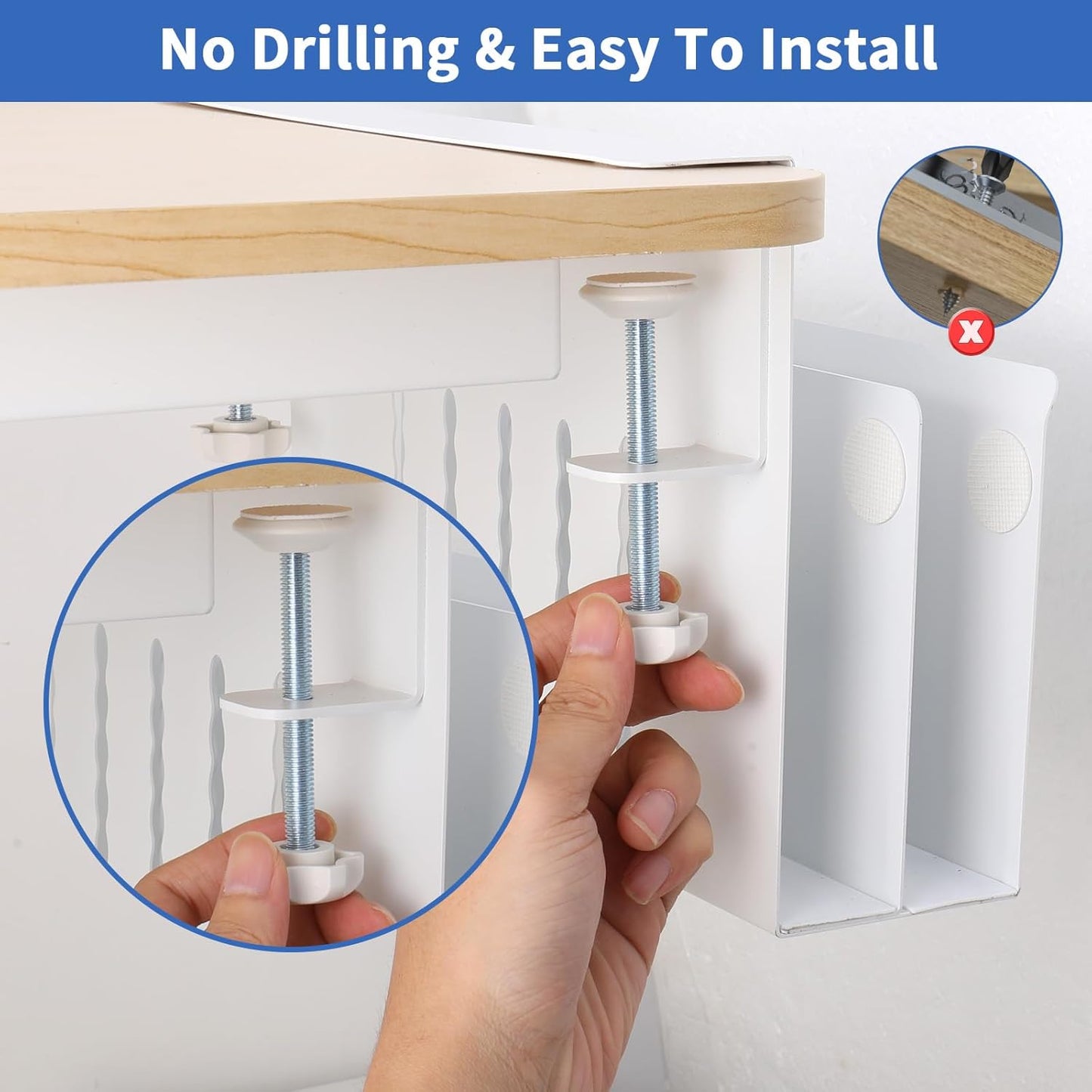 LUKETURE Laptop Holder, Steel Desk Side Storage, No Drill Standing Desk Accessories, Clamp on Laptop Mount with Pen Holder, Fits Flat Edge Tables 0.3" to 2.8" (White, L(2 Tier))