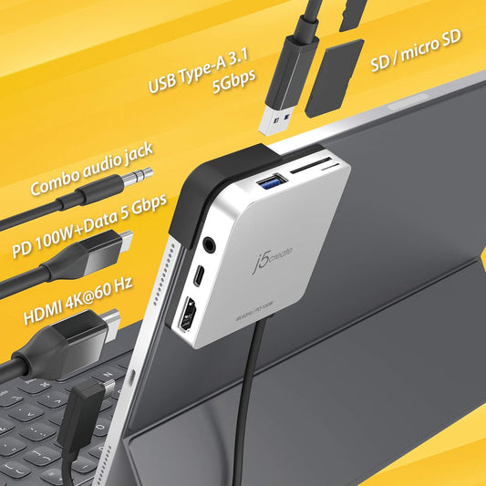 j5create iPad Pro USB C Hub- 6-in-1 Travel Dock for iPad Pro 12.9”/11”, with 4K@60Hz HDMI, USB C PD Charging 100W & Data, USB A 3.1, SD and microSD Card Reader, 3.5mm Headphone Jack (JCD612)