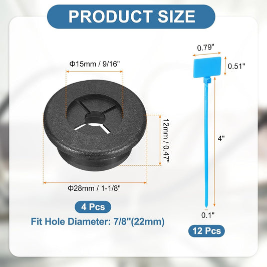 uxcell 4Pcs Cable Cord Grommet, 7/8"(22mm) Rubber Desk Grommets Wire Pass Through Hole Cover with Marked Cable Ties for Home Office Cable Wire Protection, Black