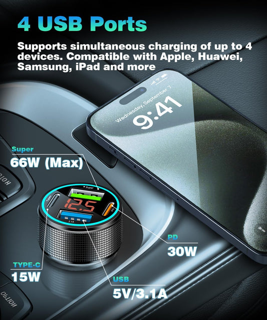 66W USB C Car Charger 4 Port Car Charger Adapter with 30W PD, 3.1A Aluminium Alloy Car Cigarette Lighter USB Charger with LED Voltmeter Compatible with Phone 15 14 13