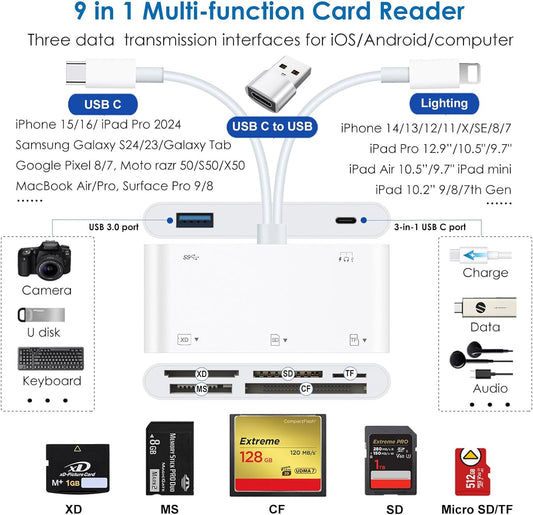9-in-1 Memory Card Reader Universal Card Reader for iPhone/iPad, CF/SD/MicroSD/MS/XD Card Reader & USB OTG Adapter with USB/USB-C/Lightening Connector for iPhone 16/iPad Pro/Samsung Galaxy/MacBook etc