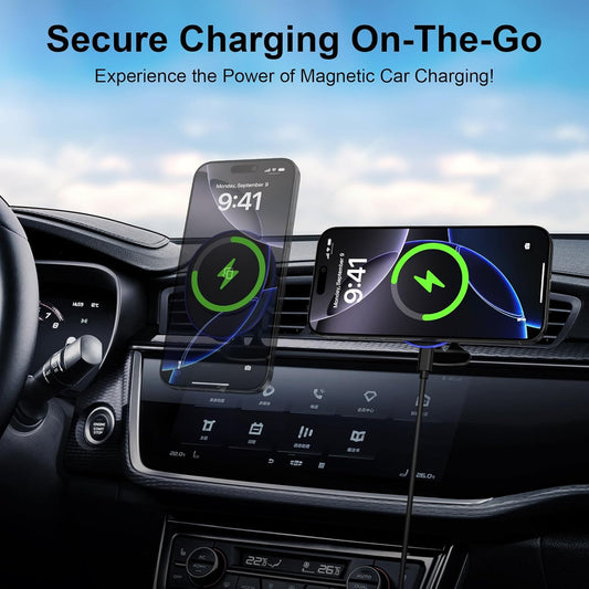 15W Magnetic Car Mount Wireless Charger for Samsung Galaxy S25 Ultra Z Fold7 Flip7 S24 FE S23 Plus S22 S21 MagSafe Wireless Charger Air Vent Auto Car Phone Holder for iPhone 16e 16 Pro Max/Plus 15 14
