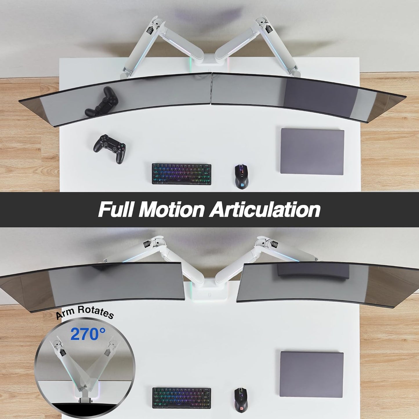 AVLT RGB Lights Dual 17”-43” Gaming Monitor Arm Desk Mount, Fits Two Flat/Curved/Ultrawide Screen up to 44lbs(20kg), Height Swivel Tilt Adjustable Stand – White