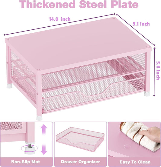 Desk Organizers and Accessories, 2-Tier Computer Monitor Stand Riser with Drawer, Laptop Stand, Office Desk Accessories, Workspace Desktop Organizer for Office Supplies, Pink