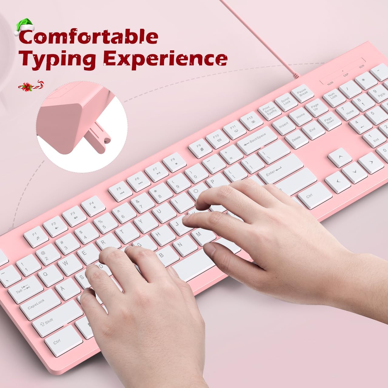 Computer Keyboard Wired, Plug Play USB Keyboard, Low Profile Chiclet Keys, Large Number Pad, Caps Indicators, Foldable Stands, Spill-Resistant, Anti-Wear Letters for PC Laptop (Pink, 1-Pack)