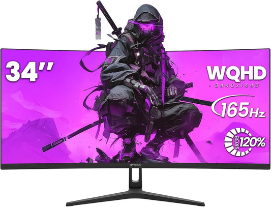 CRUA 34 Inch Curved Gaming Monitor, 21:9 WQHD 3440x1440 165Hz/144Hz 1500R Ultrawide Computer Monitor Support Freesync, PIP/PBP, 120% sRGB, HDMI 2.0 & DP 1.4, Wall Mountable/Tilt Adjustable-Black