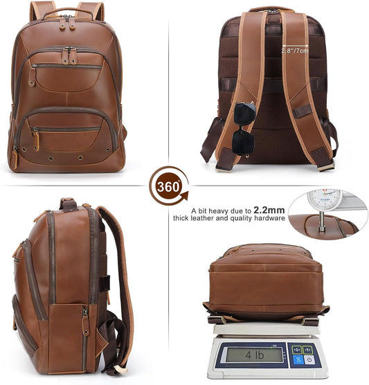 TIDING Brown Leather Travel Backpack for Men, Vintage 16 Inch Laptop Casual Daypack Business Camping Overnight Rucksack