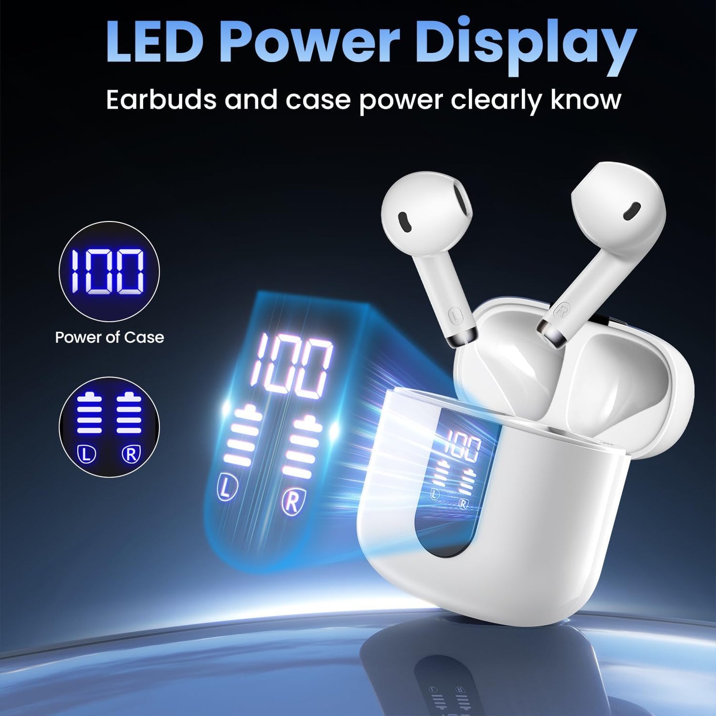 Wireless Earbuds, Bluetooth Headphones with Deep Bass Stereo, 48H Playback Ear Buds with LED Power Display Charging Case,Lightweight, IPX7, in-Ear Earphones with Mic for for Phone Tablet Laptop, White