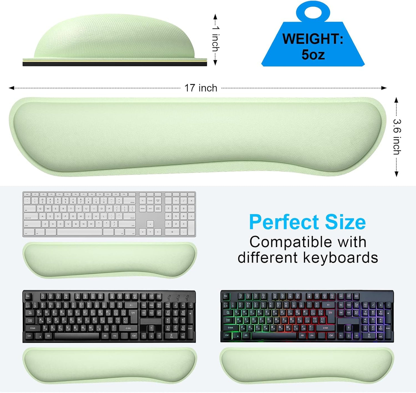 Dapesuom Enlarge Keyboard Wrist Rest, Memory Foam Keyboard Wrist Cushion for Computer Desk Mats Support, Typing Pain Relief Ergonomic Mouse Pad Rests with Non-Slip Base for Gaming, Laptop, Lake Green