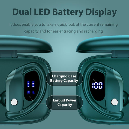 bmanl Wireless Earbuds Bluetooth Headphones 48hrs Play Back Sport Earphones with LED Display Over-Ear Buds with Earhooks Built-in Mic Headset for Workout Green