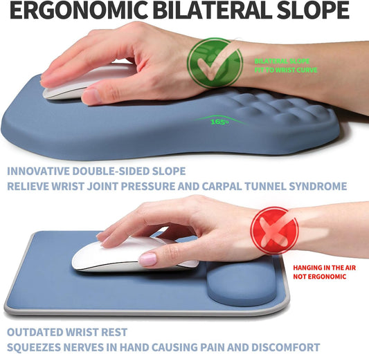 Ergonomic Raised Mouse Pad Wrist Support with Bilateral Slope Memory Foam Mousepad for Wrist Rest and Carpal Tunnel Pain Relief 11.8x7.9〃 Stone Blue
