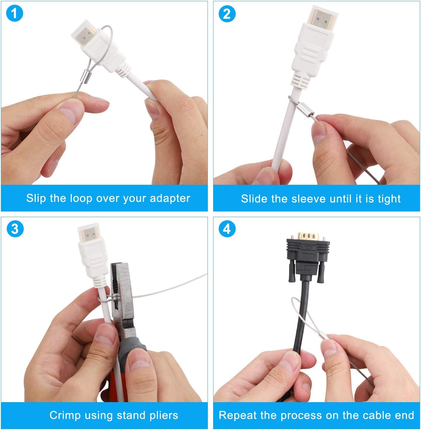 Cable Tethers 10 Pack with Crimping Tool (12 Inches, White Color), Adjustable Security Cable Look, Universal DIY Adapter Tethering Ties Kit for Computer Cord, Pre-Assembled, Tamper-Resistant
