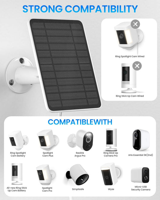 5W Solar Panel for Ring Camera, Solar Panel Charger Compatible with Ring Spotlight Plus/Pro Stick Up Outdoor Cam Battery, 9.8ft Cable with USB-C to Barrel Plug Adapter & Micro-USB Adapter, 4 Pack