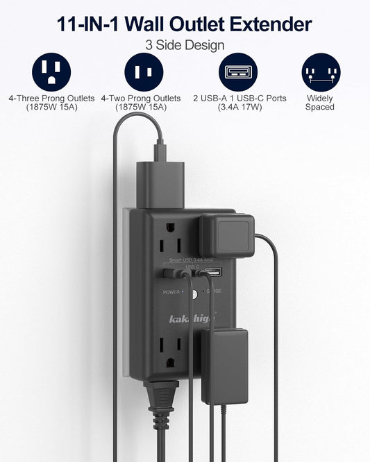 Black Wall Power Strip, 8 Way Outlets with 1680J Surge Protected, Multi Plug Wall Outlet with USB Ports, LED Indicator, 1875W Wall Mounted Surge Protectors for Dorm Room Office Kitchen