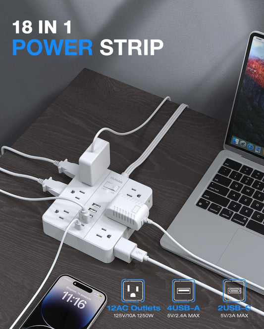 Flat Plug Power Strip Surge Protector, Flat Extension Cord Indoor 20 Feet, HUNIAN 12 Widely Spaced Outlets with 6 USB (2 USB C Ports), Desk Charging Station for Home Office Supplies, White