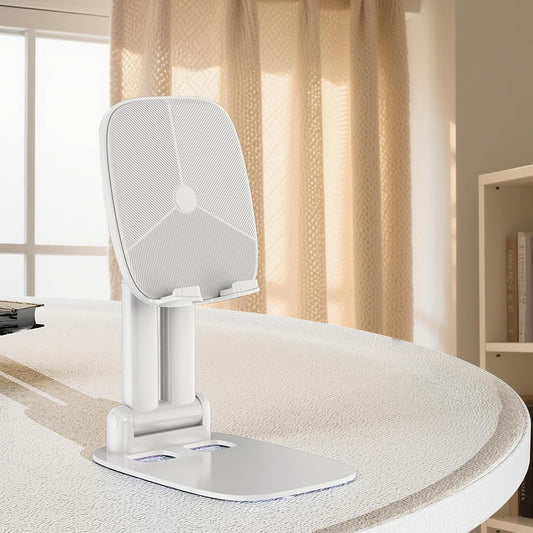 DEERLAMN Cell Phone Stand for Desk, Height Adjustable Cell Phone Holder Portable Desktop Stand, Travel Home Office Desk Accessories Compatible with iPhone 16/15/14/13/12/11 All Smartphone - White