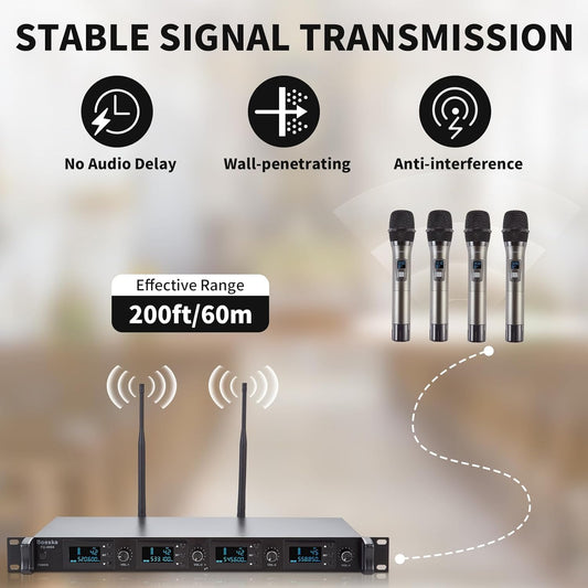 Wireless Microphone System, 4-Channel UHF Wireless Mic, Fixed Frequency Metal Cordless Mic with 4 Handheld Dynamic Microphones, 200ft Range, Mics for Singing, Church (4 Handheld)