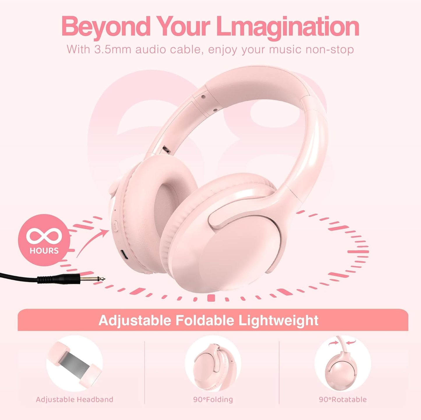 MIDOLA Bluetooth Headphones Over Ear 68H Playtime 6 EQ Wireless Headset with Microphone HiFi Stereo Foldable Lightweight Deep Bass for Travel Home Office Cellphone Pink