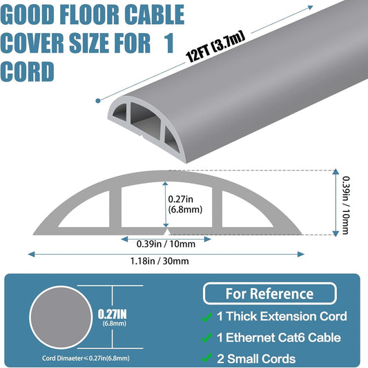 Floor Cord Covers for Wires 12FT Cable Hider Wire Cover Self Adhesive Cord Hider Floor for Offices, Homes, Workshops, Warehouses Cable Cavity 0.39" W x 0.27" H