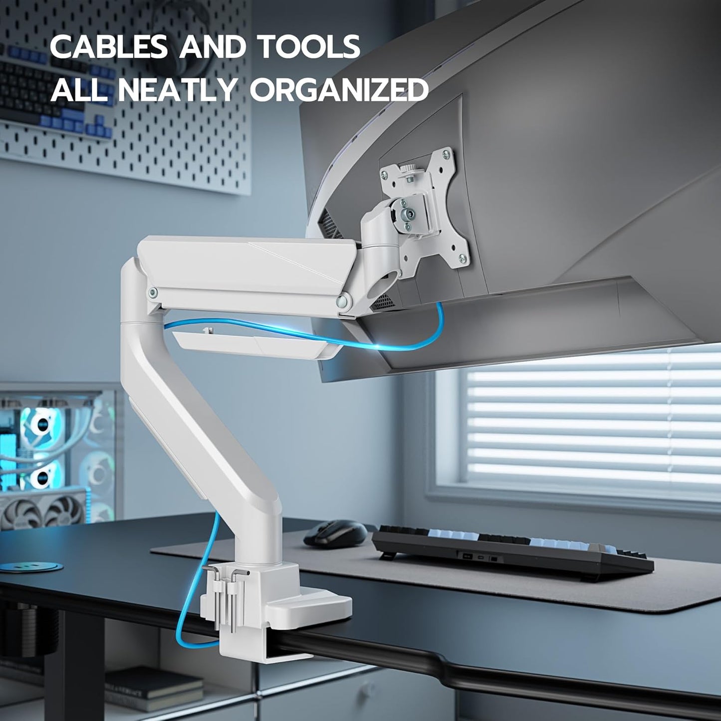 ARES WING Ultrawide Single Monitor Arm, Heavy Duty Monitor Mount for 13"-45" Curved Screens, Adjustable Stand for Desk with C-clamp & Grommet Base up to 40 LBS, White