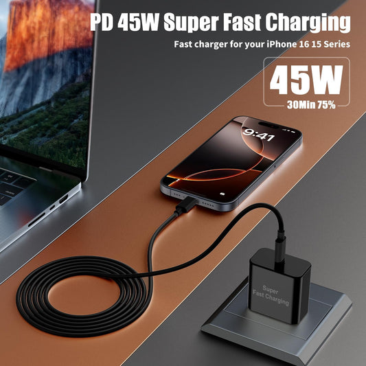 iPhone 16 Pro Max Charger Fast Charging, 45W Super Fast USB C Chargers for iPhone 16 15 6FT+6FT+10FT Type C Chargers Cord with Fast Charger Block for iPhone 16/15 Series/iPad/ GalaxyS24 Black