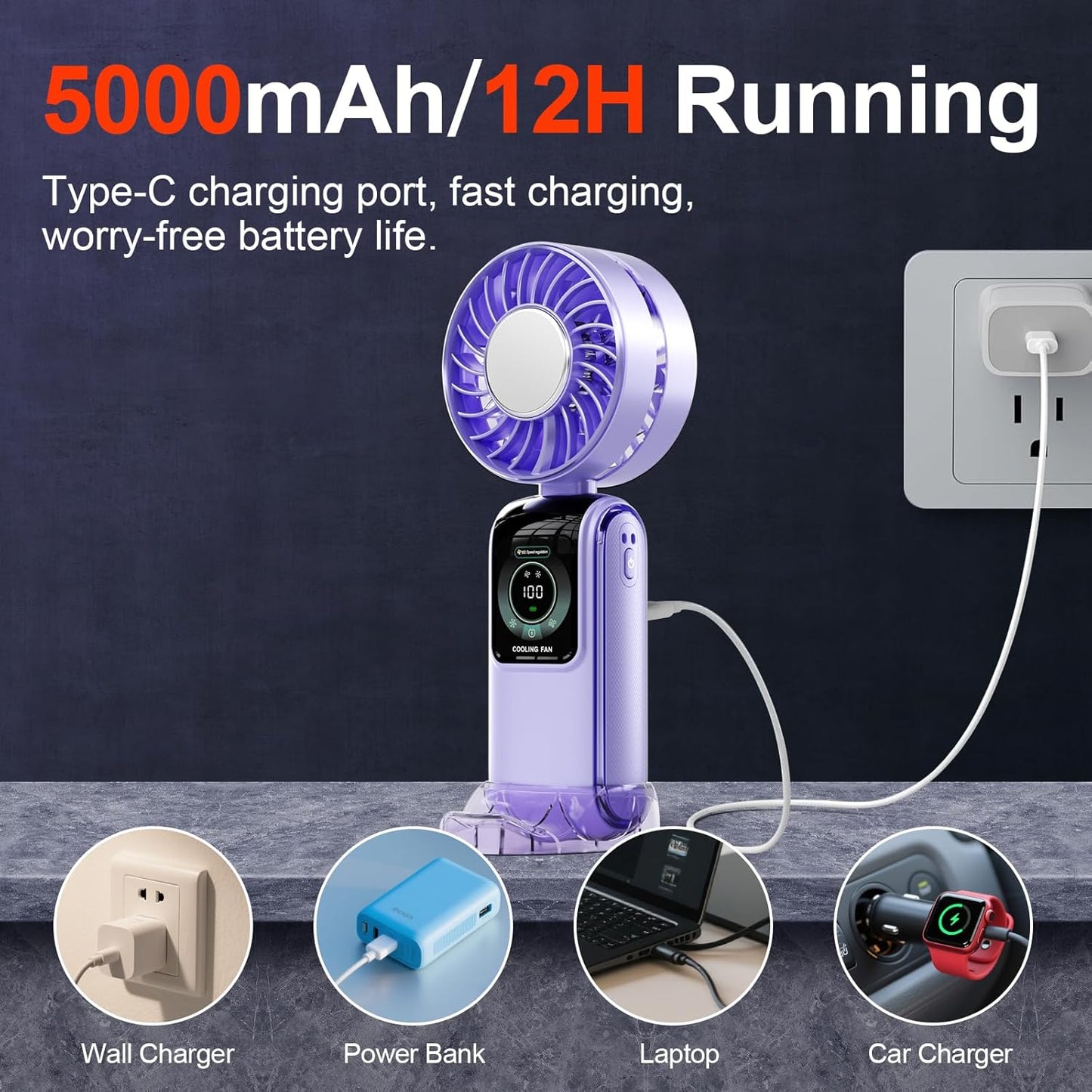 Blows Cold Air Portable Handheld Fan with Stand & Lanyard, 5000mAh USB-C Rechargeable Battery, 12H/5-Speed LED Display Mini Fan for Travel Beach Cruise Concerts Outdoor Events(Fantasy Purple)