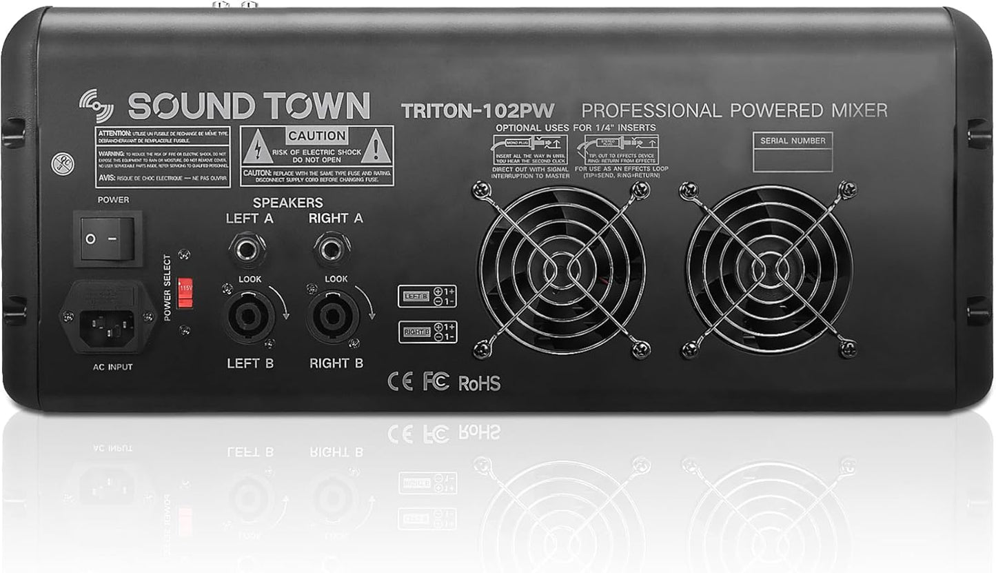 Sound Town 10-Channel 2x800W Powered Mixer w/ 2 Bus, DSP effects, USB, MP3, Dual 7-band EQ, Phantom Power (TRITON-102PW)