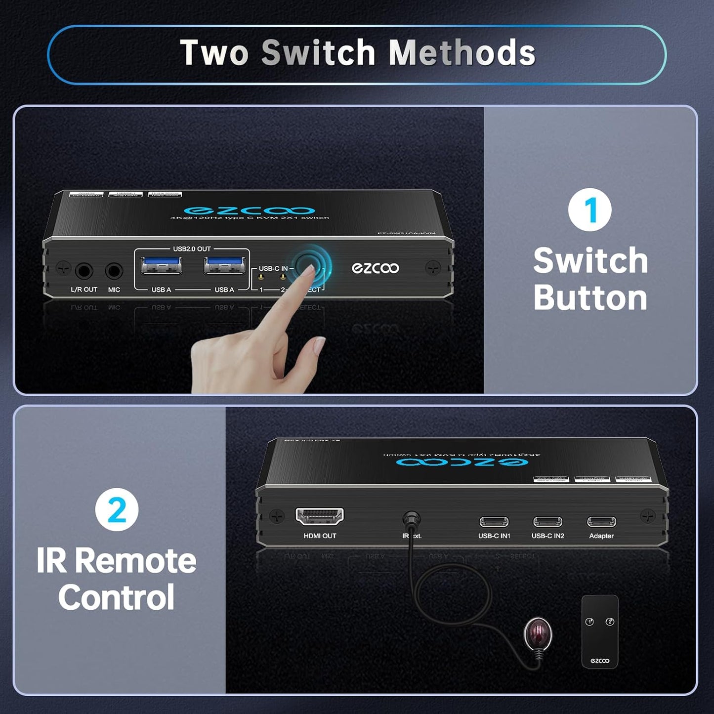 4K@120Hz USB-C HDMI2.1 KVM Switch for 2 Laptops with 2 USB 2.0 Ports L/R MIC Out Share 1 Monitors Keyboard Mouse Hard Drive Printer
