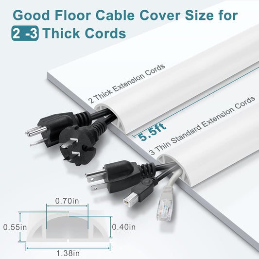 5.5FT Floor Cord Cover, White Soft Cable Cover Floor, Large Size Extension Cord Covers for Floor, Power Cord Protector Floor Wire Cover - Cord Channel Diameter: 0.7" (W) x 0.4" (H)