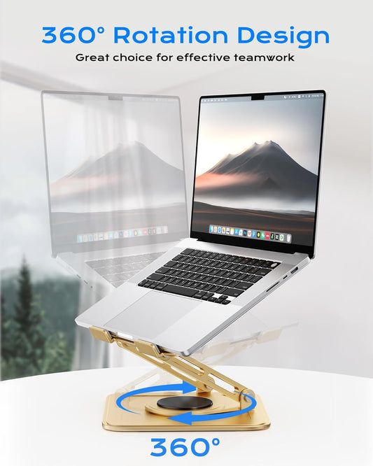 Adjustable Laptop Stand, Computer Stand with 360 Rotating Base, Ergonomic Laptop Riser Mount for Desk Foldable Protable Computer Desk Fits with MacBook Pro Air (10-16") - Gold