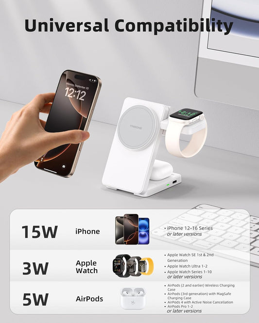 3 in 1 Charging Station for iPhone 16/15/14/13/12 Series, Wireless Charger for Apple Watch,Travel Magnetic Charging Stand for AirPods (White Grey)