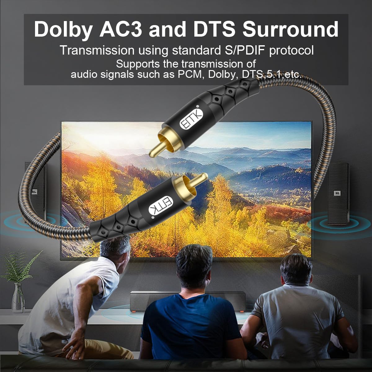 EMK RCA to RCA Subwoofer Cable – 24K Gold-Plated Connector Nylon Braided Double Shielded Audio Cable Digital&Analog Signal Support for Amplifiers Subwoofer Home Theater Hi-Fi Systems Black/3ft/1m