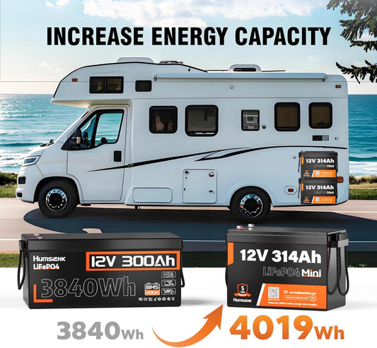 2 PCS Bluetooth 12V 314Ah LiFePO4 Lithium Battery MINI, Max. 4190Wh Energy, EV A+ Cells, Built-in 100A BMS, 15000 Deep Cycles Battery with Low-Temp Protection for RVs, Solar System, Off-Grid