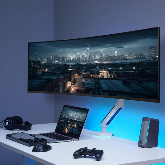 AVLT Single 27”-45” RGB Gaming Monitor Arm Desk Mount Built-in 20 Lighting Modes Touch Button Control Fits Flat/Curved/Ultrawide Screens Height Swivel Tilt Rotation Adjustable Stand -White