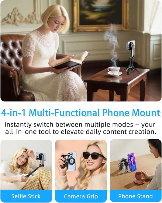 CloudValley Magnetic 4-in-1 Multifunctional Selfie Stick Tripod, Mini Portable Pocket Phone Stand with Detachable Remote, Compatible with MagSafe, for iPhone/Android, Travel Vlog, Live Stream, Black
