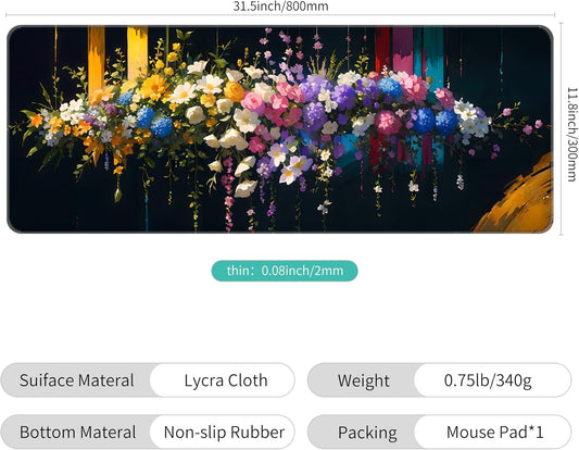 Dynippy Thin Extended Gaming Mouse Pad (31.5 * 11.8 * 0.08 inch) with Stitched Edges Large, Long XXL Keyboard and Mouse pad Desk Mat for Gaming Office & Home - Flower 32