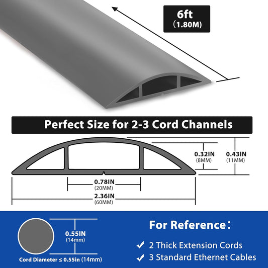 6ft Cord Covers - Grey Floor Cable Management, Hide Cord Cover, Electrical Cable Hider - Cavity: 0.78" W x 0.32" H