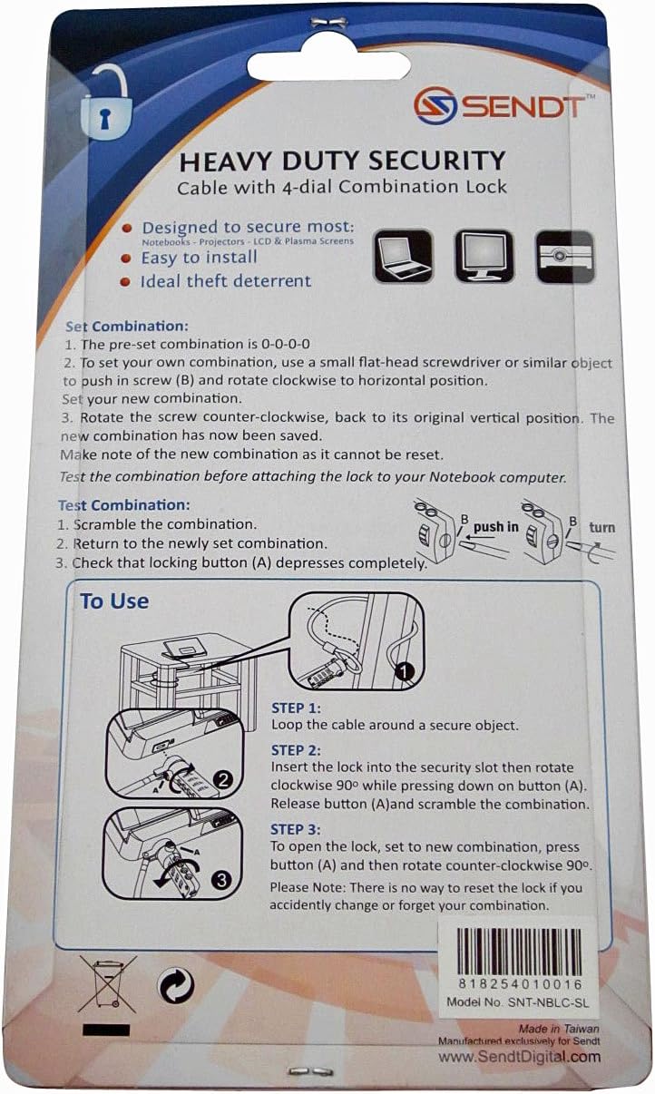 Sendt Notebook/Laptop Combination Lock Security Cable (Silver)