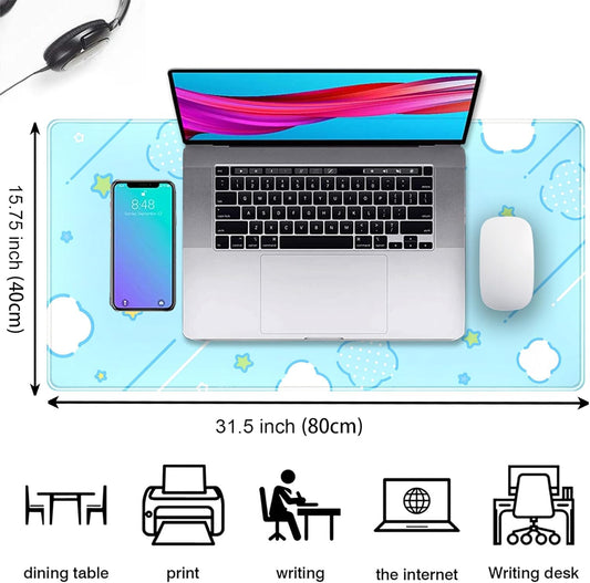 Kawaii Pastel Blue Star Grid Desk Pad, Large Gaming Mousepad & Keyboard Mat, XXL Office Desk Decor for Women, 31.5"x15.75"