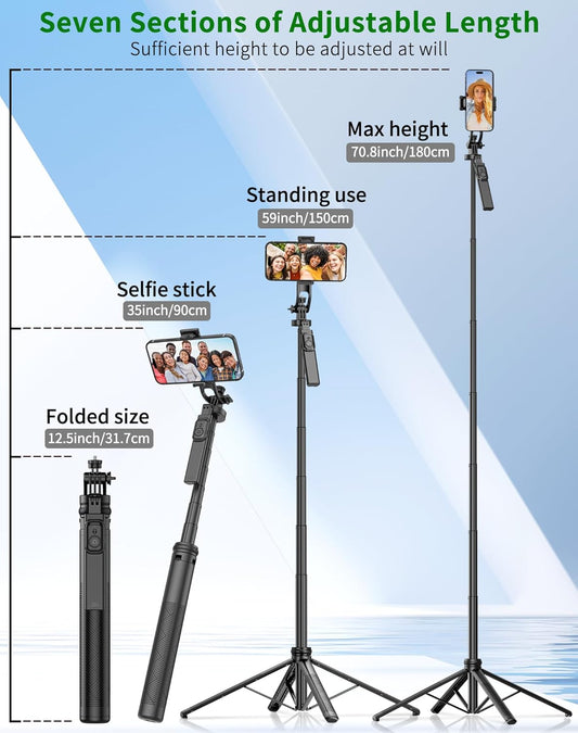 71" Cell Phone Tripod & Selfie Stick, for iPhone Tripo d Stand, Travel Tripod with Remote, Phone Selfie Stick for iPhone 11/14/ 15/16 Compatible with All Phones,for gopro and Cameras
