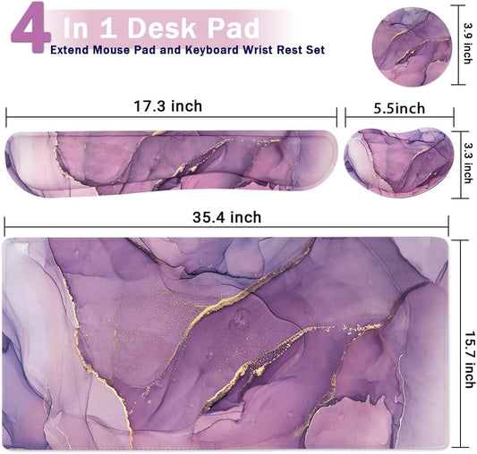 Large Keyboard Mouse Pad Set, Extended Mouse Pad+Keyboard Wrist Rest Support, Memory Foam Ergonomic Easy Typing, 4Pcs (35.4×15.7 in) Desk Pad Set for Home Office Study Game - Purple